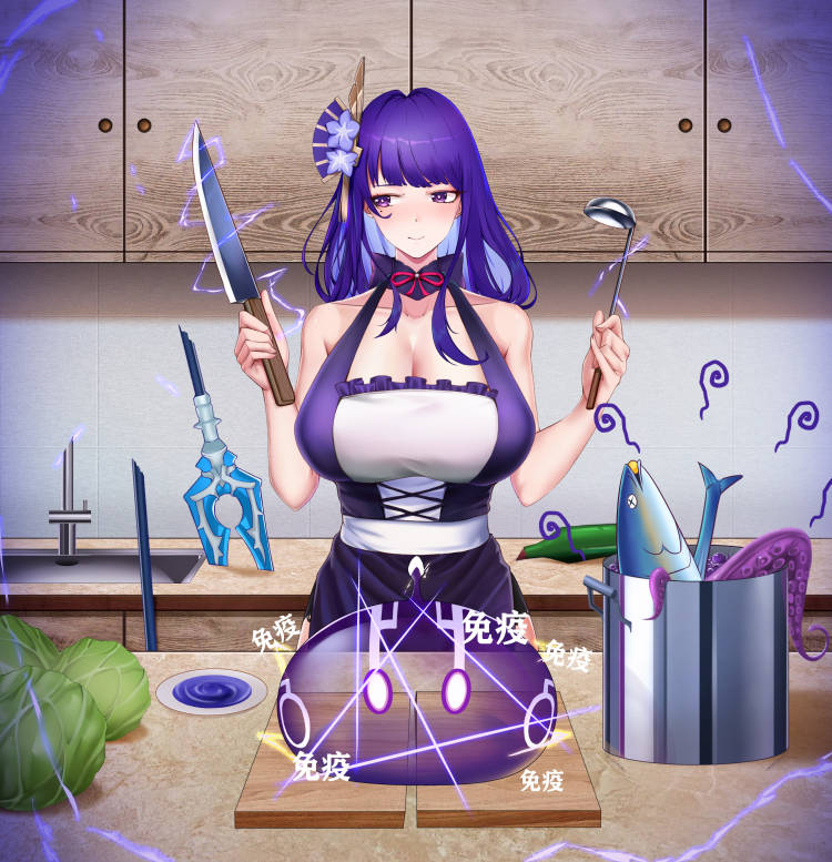 1girl alternate_costume blunt_bangs blush bottle breasts cabbage cabinet cleavage collarbone commentary_request cutting_board dual_wielding electricity electro_slime_(genshin_impact) fish genshin_impact hair_between_eyes hair_ornament holding holding_knife holding_ladle kitchen kitchen_knife knife ladle large_breasts lightning long_hair looking_away looking_to_the_side low_ponytail mole mole_under_eye polearm ponytail pot purple_eyes purple_hair raiden_shogun sidelocks sink sky_wbo slime_(genshin_impact) spear squid tentacles weapon