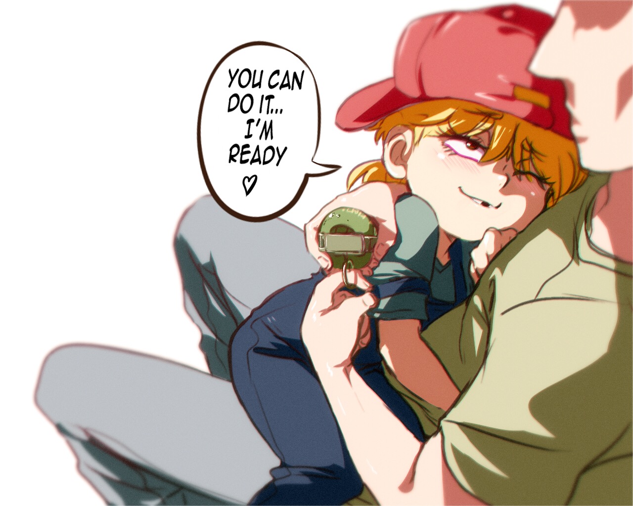 jcm2, lana loud, nickelodeon, the loud house, 1boy, 1girl, age difference,  animification, baseball cap, blonde hair, child, english text, explosive,  grenade, hat, heart, hug, imminent suicide, loli, missing tooth, one eye  closed,