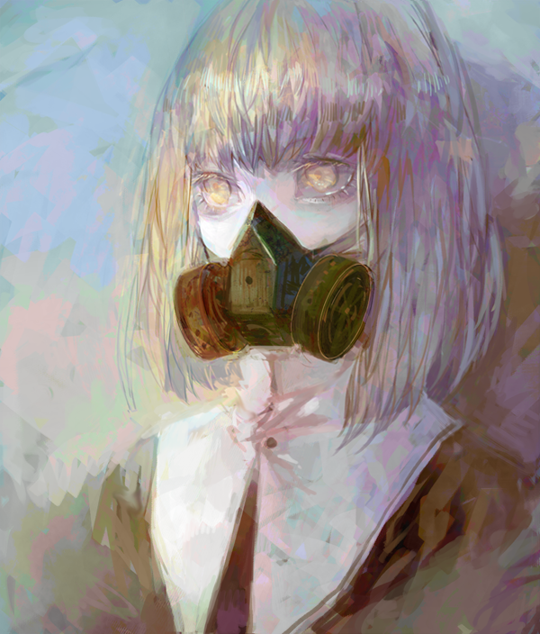 1girl bad_id bad_pixiv_id blonde_hair creepy eyelashes fabri female_focus gas_mask habit horror_(theme) long_hair mask original pastels solo upper_body yellow_eyes