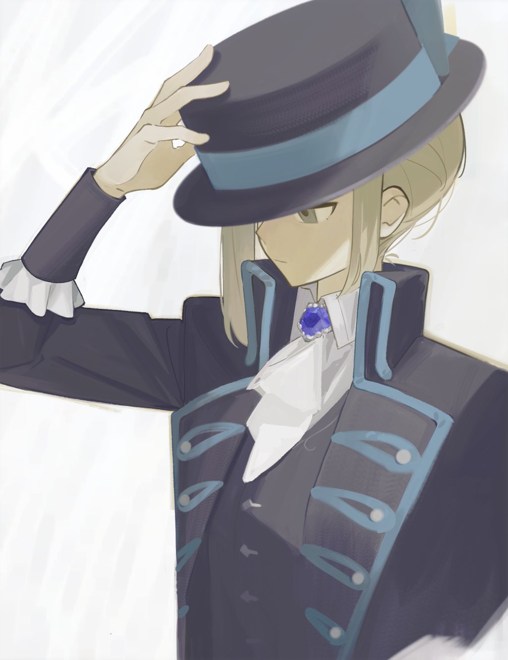 1girl arm_up ascot black_coat black_hat black_vest boater_hat coat collared_shirt grey_eyes grey_hair hand_on_headwear hand_up hat highres looking_to_the_side reverse:1999 shiogaki shirt short_hair solo upper_body vertin_(reverse:1999) vest waistcoat white_ascot white_background white_shirt