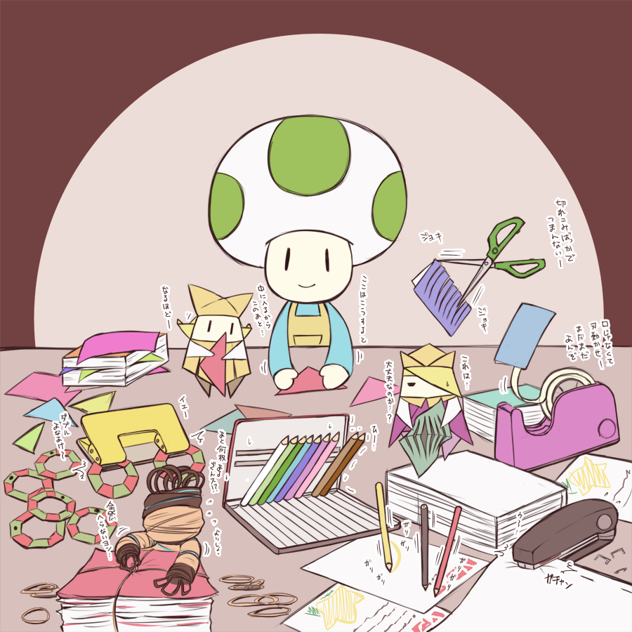 1boy 1girl absurdly_detailed_composition apron black_eyes blonde_hair blue_shirt brother_and_sister brown_background cape closed_mouth colored_pencil colored_pencils_(paper_mario) commentary_request crown hair_over_one_eye hat hole_punch_(paper_mario) hole_puncher king_olly loaded_interior long_hair long_sleeves mario_(series) mini_person miniboy minigirl motion_lines nintendo olivia_(paper_mario) origami origami_craftsman paper paper_mario paper_mario:_the_origami_king paper_stack pencil pencil_case pocket purple_cape purple_shirt rubber_band rubber_band_(paper_mario) scissors scissors_(paper_mario) shirt short_hair siblings smile solid_oval_eyes stapler stapler_(paper_mario) sweatdrop tape tape_(paper_mario) translation_request yellow_apron yellow_crown yellow_hat yurui_houki