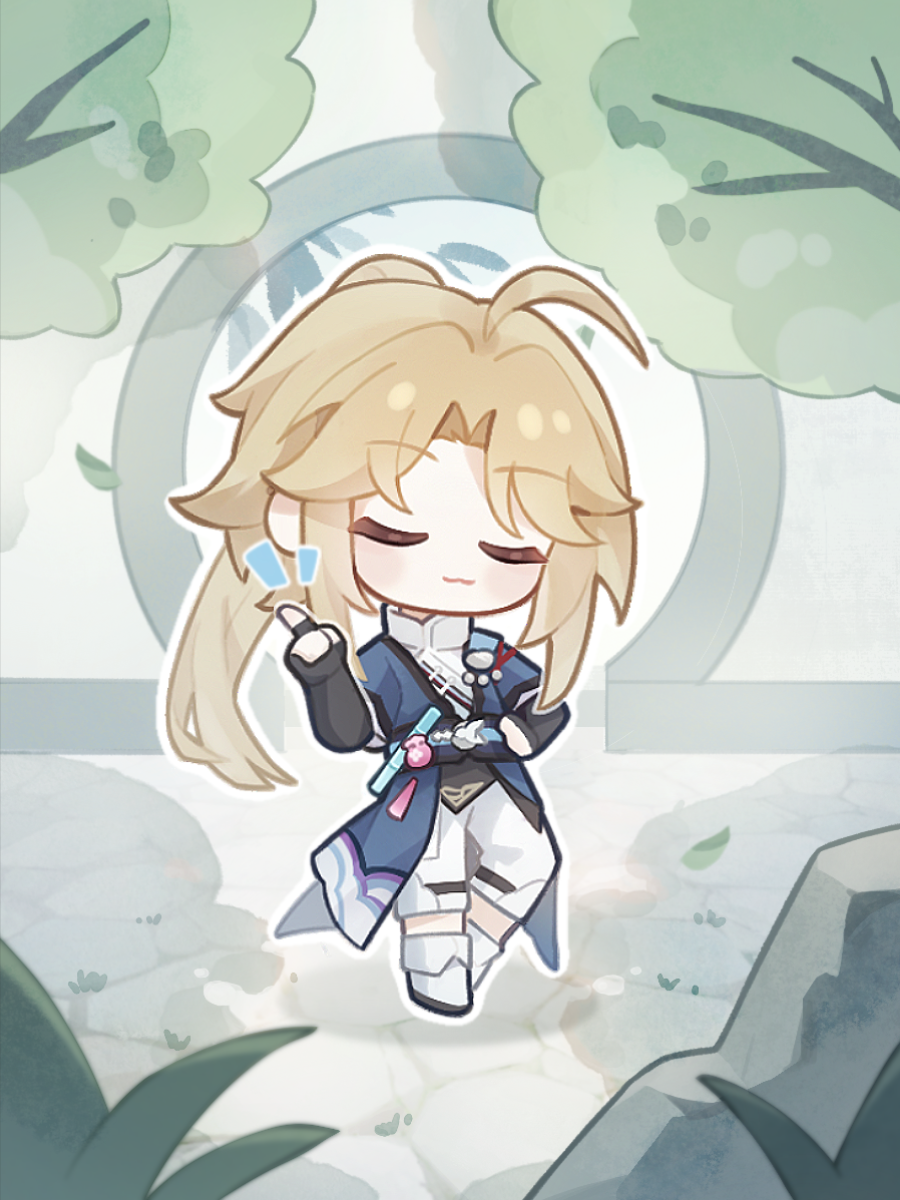 1boy ahoge blonde_hair blue_coat chibi chinese_commentary closed_eyes coat commentary_request falling_leaves full_body grass hand_on_own_hip hand_up highres honkai:_star_rail honkai_(series) index_finger_raised leaf long_hair male_focus moon_gate notice_lines pants ponytail rock sishi_malus smile solo stone_floor tree very_long_hair white_footwear white_pants yanqing_(honkai:_star_rail)
