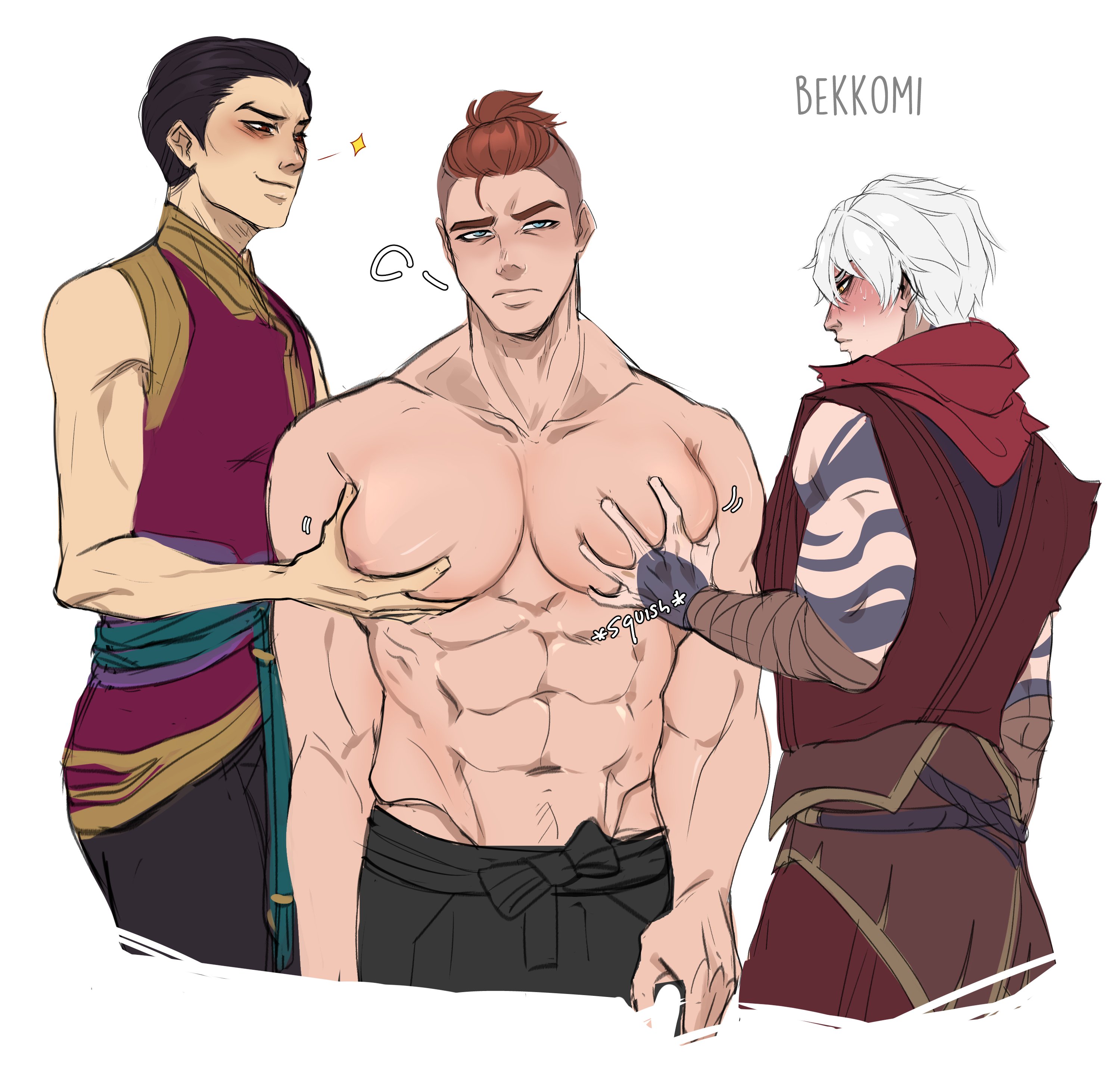 3boys abs absurdres bara bekkomi blush boy_sandwich character_request copyright_request cropped_legs groping hair_strand highres large_pectorals looking_at_viewer male_focus meme multiple_boys muscular muscular_male navel navel_hair nipples parody_request pectoral_grab pectorals ponytail sandwiched short_hair stomach topless_male undercut unfinished yaoi