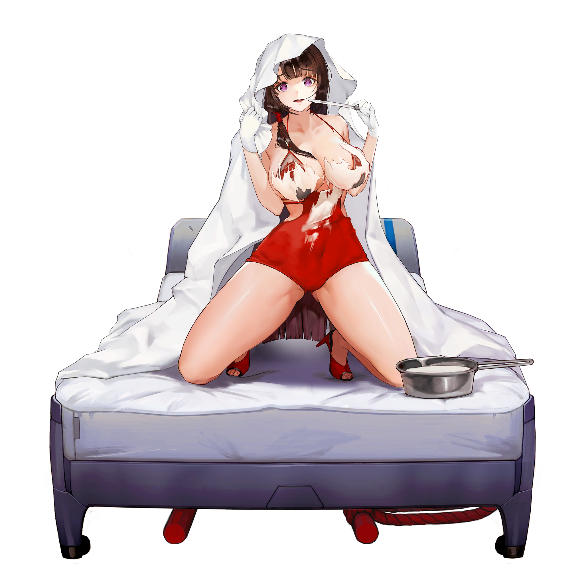 1girl :p bed bed_sheet breasts cleavage clothing_cutout collarbone cooking_pot covered_navel crazy_eyes empty_eyes full_body game_cg gloves gluteal_fold groin_tendon hair_in_own_mouth high_heels highres holding holding_knife icing kneeling knife large_breasts last_origin long_hair looking_at_viewer official_alternate_costume official_art on_bed one-piece_swimsuit purple_eyes red_footwear red_one-piece_swimsuit rorobomb sanpaku scissors_lise see-through_clothes see-through_one-piece_swimsuit shiny_skin side_cutout side_ponytail simple_background swimsuit tachi-e toeless_footwear tongue tongue_out torn_clothes torn_swimsuit transparent_background very_long_hair wardrobe_malfunction white_gloves yandere