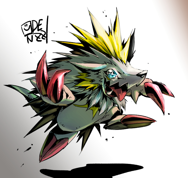 artist_name blue_eyes body_fur digimon digimon_(creature) full_body herissmon no_humans oden_(odenzzi) open_mouth solo sonic_the_hedgehog tongue tongue_out white_fur yellow_fur