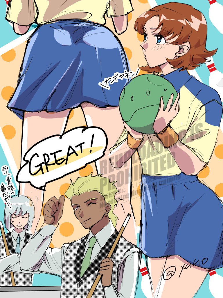 1girl billiards blonde_hair blue_eyes breasts brown_hair cue_stick dark-skinned_male dark_skin dearka_elsman grey_hair gundam gundam_seed gundam_seed_freedom hair_ornament harp holding_cue_stick instrument jacket long_sleeves miniskirt miriallia_haw multiple_boys necktie official_alternate_costume open_mouth parted_bangs purple_eyes shirt short_hair short_sleeves skirt smile swept_bangs vest white_hair yuno_(other_yuno508) yzak_joule zaft_uniform