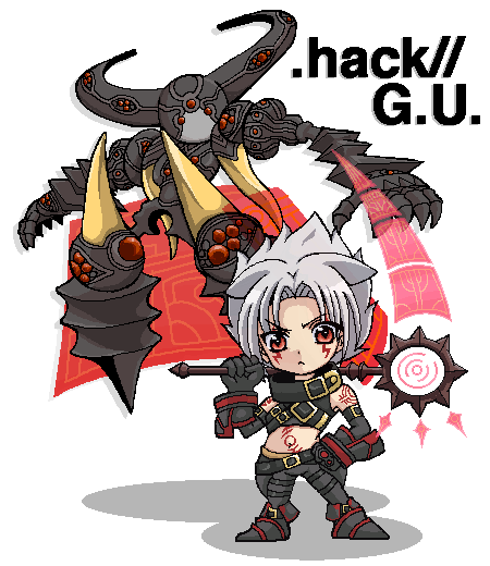 .hack// .hack//g.u. 00s 1boy bad_id bad_pixiv_id bandai chibi cyber_connect_2 frown haseo haseo_(.hack//) kannagi_kaname male_focus midriff red_eyes scythe silver_hair skeith skeith_(.hack//) solo strap tattoo white_background