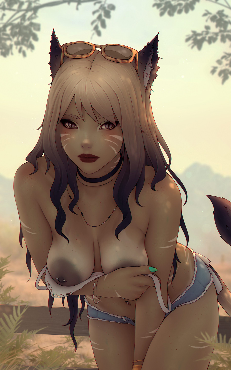 1girl animal_ears aqua_nails arm_markings bent_over black_choker blurry blurry_background bracelet breasts brown_hair cat_ears cat_tail choker commentary cutoffs dark-skinned_female dark_skin day english_commentary eyewear_on_head facial_mark final_fantasy final_fantasy_xiv grey_eyes highres jewelry long_hair looking_at_viewer medium_breasts miqo&#039;te navel navel_piercing nipple_piercing nipples open_fly outdoors piercing red_lips slit_pupils soranamae tail warrior_of_light_(ff14) whisker_markings