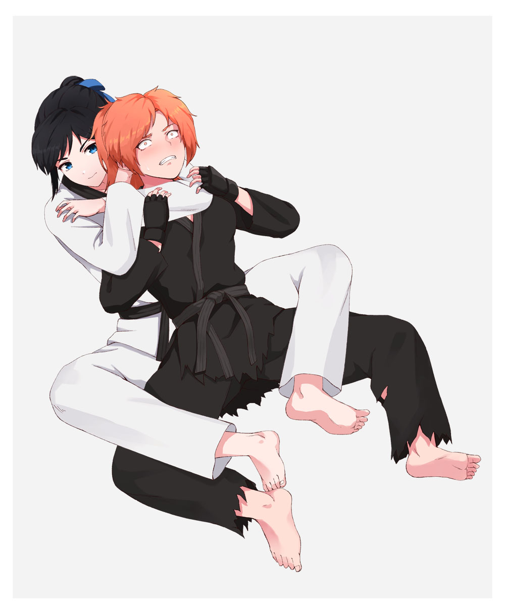 2girls barefoot belt between_legs black_belt blue_ribbon blush border catfight choke_hold clenched_teeth commentary_request commission dougi false_smile feet fingerless_gloves gloves grey_background highres jade_lane legs_apart looking_at_another messy_hair multiple_girls nervous orange_eyes orange_hair original pale_skin pants ponytail ribbon shion_aoyama smile soles strangling submission_hold teeth toenails torn_clothes torn_pants tuzi717 white_border wide-eyed wrestling