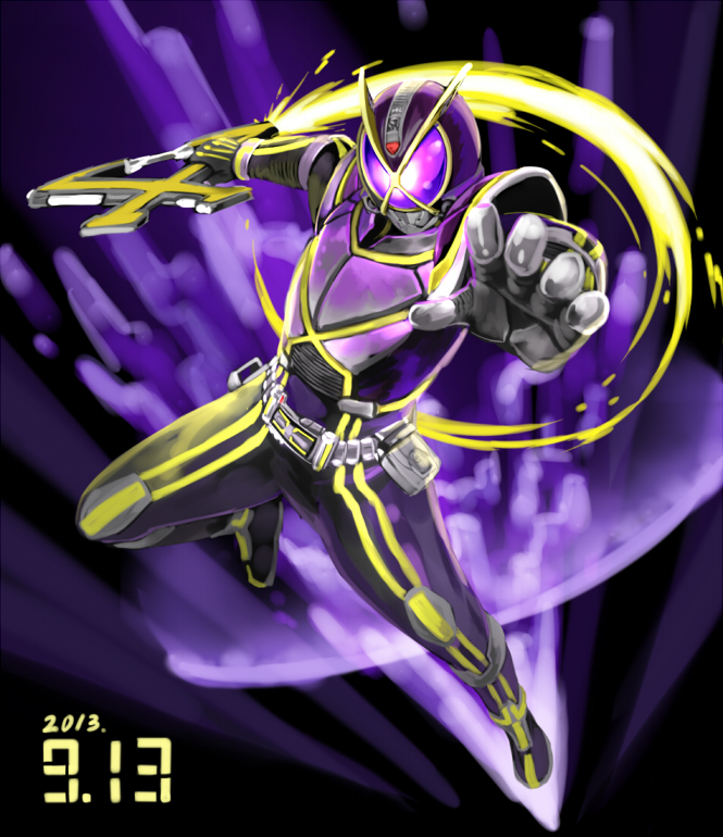 1boy belt foreshortening full_body glowing glowing_eyes gradient_background kamen_rider kamen_rider_555 kamen_rider_kaixa male_focus solo sword tumikaze weapon