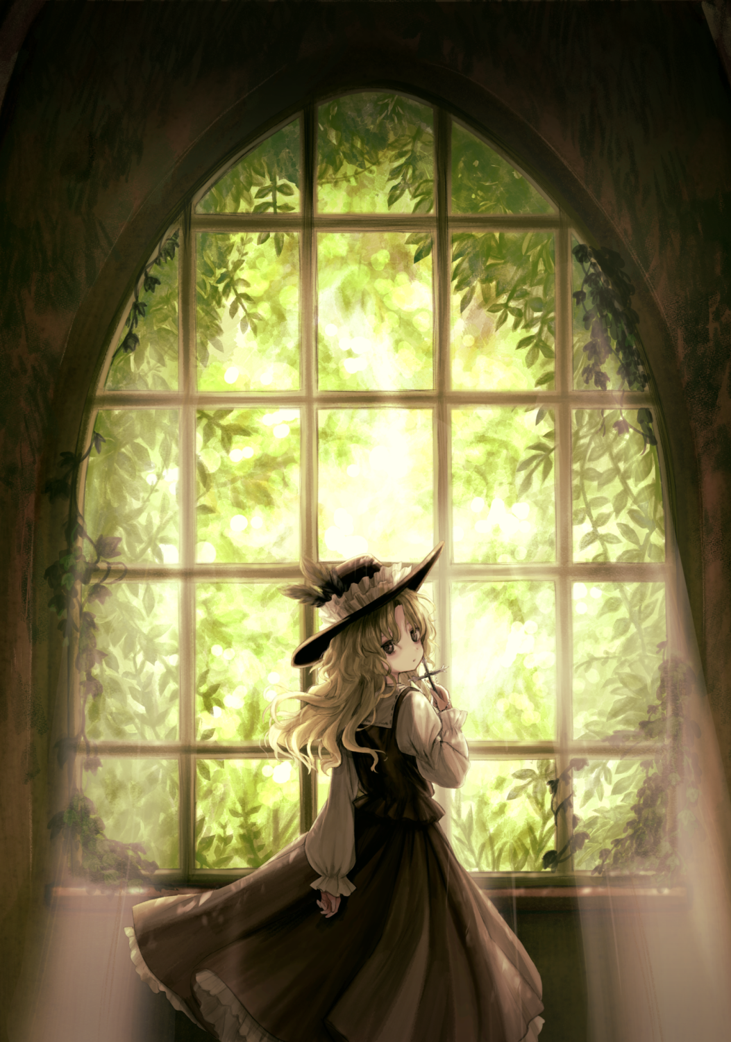 1girl backlighting blonde_hair brown_eyes brown_hat brown_skirt brown_vest collared_shirt commentary_request cross dolls_in_pseudo_paradise frilled_hat frilled_sleeves frills hat hat_feather highres holding holding_cross jacket_girl_(dipp) juliet_sleeves leaf long_hair long_sleeves puffy_sleeves sasami_(shiroi_fuwafuwa) shirt skirt skirt_set solo sunlight touhou vest white_shirt window