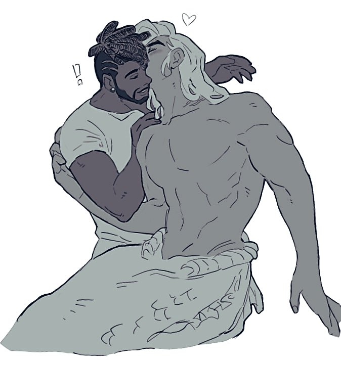 ! 2boys 8dddjbbb8 abs baptiste_(overwatch) beard closed_eyes commentary couple dark-skinned_male dark_skin dreadlocks ear_piercing earrings facial_hair greyscale groin hand_on_another&#039;s_shoulder heart hover_hand jewelry kissing_head lifeweaver_(overwatch) long_hair male_focus merman monochrome monster_boy multiple_boys navel overwatch overwatch_2 parted_lips pectorals piercing shirt short_sleeves simple_background stud_earrings symbol-only_commentary t-shirt teeth topless_male white_background yaoi