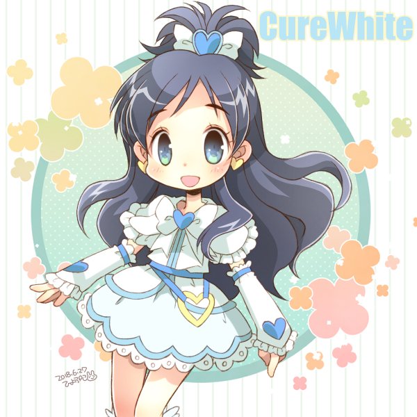 1girl belt black_hair blue_belt blue_eyes bow bowtie brooch character_name circle commentary_request cowboy_shot cure_white dated dot_nose dress earrings flower frilled_arm_warmers frilled_leg_warmers frilled_sleeves frills futari_wa_precure futari_wa_precure_max_heart green_flower hair_bow hair_ornament happy heart heart_brooch heart_earrings heart_hair_ornament heart_o-ring heart_print high_ponytail hiyopuko jewelry lace lace-trimmed_dress lace_trim leg_warmers light_blush long_hair o-ring o-ring_belt open_mouth orange_flower pink_flower ponytail precure short_dress short_ponytail short_sleeves sidelocks signature smile solo split_ponytail standing striped_background tareme vertical-striped_background very_long_hair wavy_hair white_arm_warmers white_background white_bow white_bowtie white_dress white_leg_warmers yellow_flower yukishiro_honoka