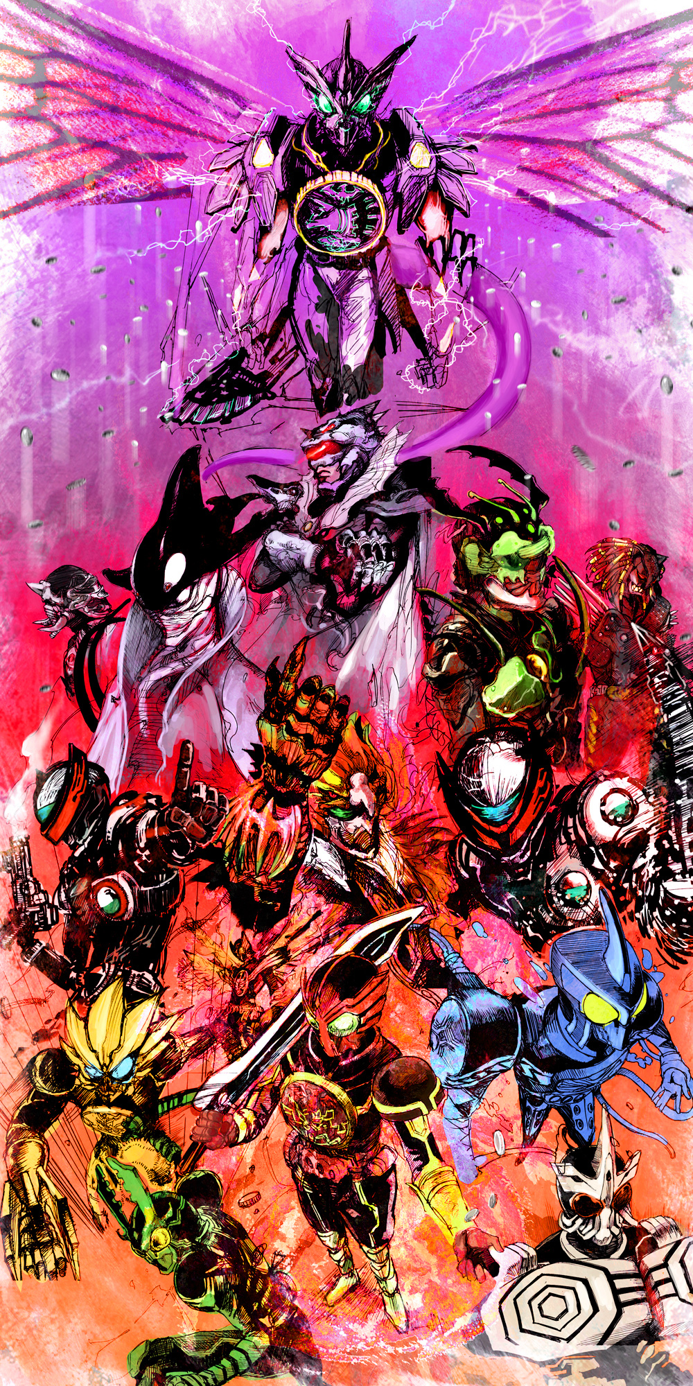 6+boys ankh_(ooo) axe claws gamel gatakiriba_(ooo_combo) gun highres illustica_phantom kamen_rider kamen_rider_birth kamen_rider_ooo kamen_rider_ooo_(series) kazari kyouryu_greeed long_image male_focus mezul monster multiple_boys multiple_persona putotyra_(ooo_combo) ratoratah_(ooo_combo) sagohzo_(ooo_combo) shauta_(ooo_combo) sketch sword tajador_(ooo_combo) tall_image tatoba_(ooo_combo) uva weapon