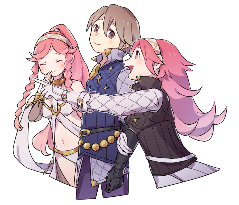 1boy 2girls black_gloves braid brown_eyes closed_eyes closed_mouth commentary_request father_and_daughter fire_emblem fire_emblem_awakening fire_emblem_fates gambeson gloves grey_hair haconeri happy high_ponytail laslow_(fire_emblem) long_hair multiple_girls navel nintendo olivia_(fire_emblem) pink_hair ponytail short_hair simple_background smile soleil_(fire_emblem) twin_braids white_background