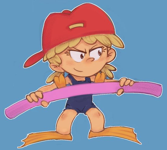 &gt;:) 1girl backwards_hat baseball_cap black_eyes blonde_hair blue_background blue_one-piece_swimsuit blush conoghi flippers hat holding inflatable_armbands lana_loud low_twintails nickelodeon one-piece_swimsuit orange_footwear pool_noodle red_hat short_hair smile standing swimsuit the_loud_house twintails