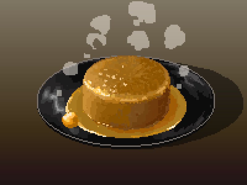 food food_focus gradient_background hisachan55cute no_humans original pixel_art plate pudding scenery shadow simple_background steaming_food