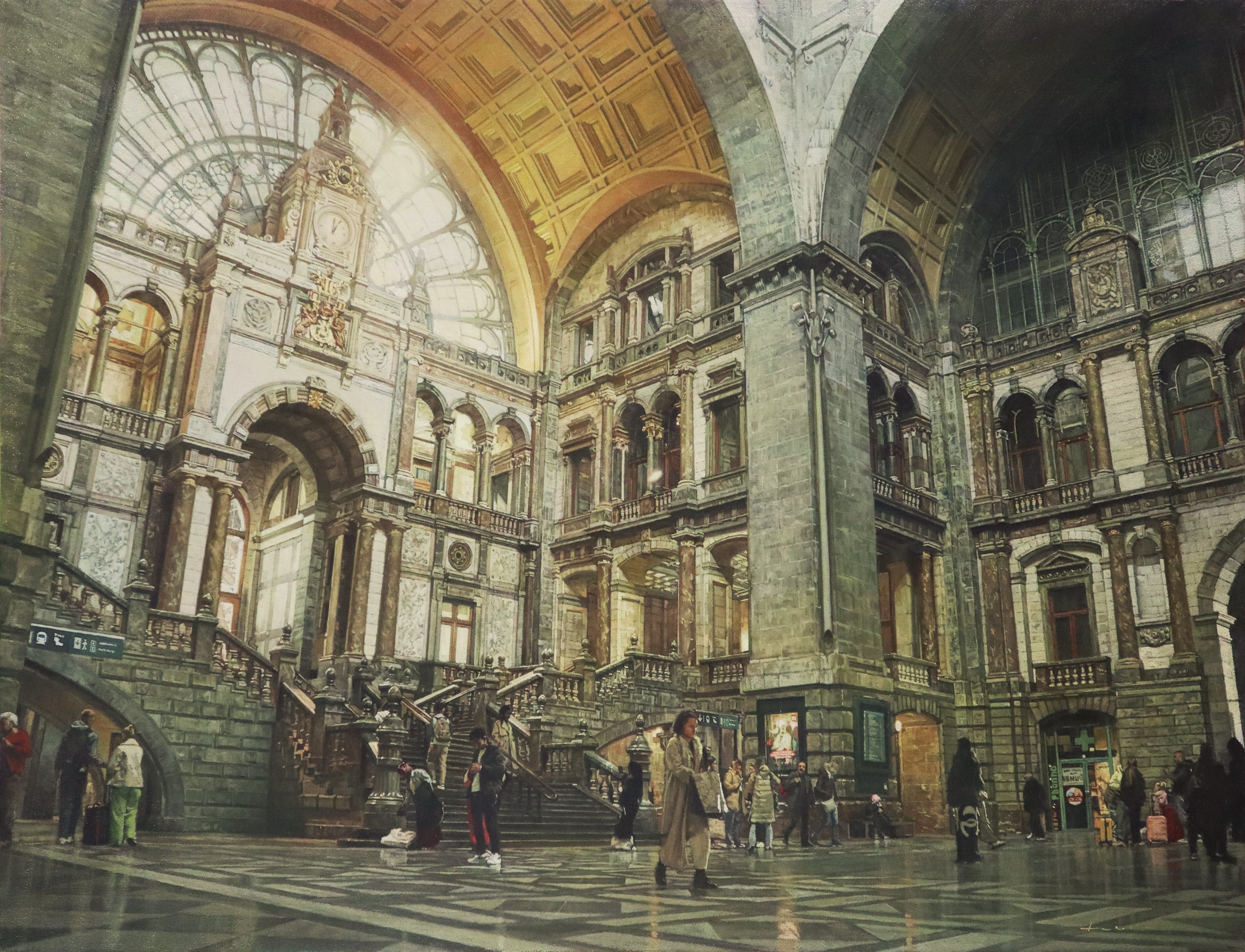 6+boys 6+girls absurdres arch brick_wall cathedral day highres interior multiple_boys multiple_girls naohiro_ito original pillar railing reflective_floor shadow stairs sunlight window