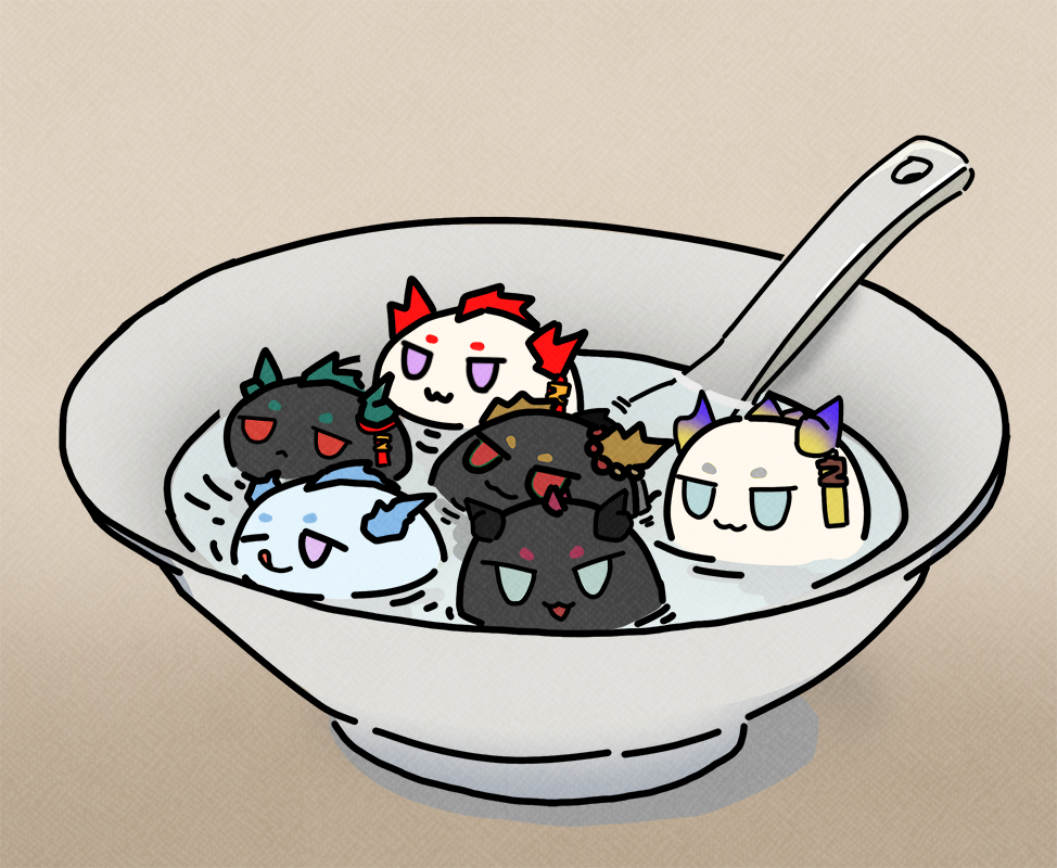 2boys 4girls :3 antlers_go arknights blue_eyes bowl chibi chongyue_(arknights) dragon_bubble_(arknights) dusk_(arknights) grey_eyes horns licking_lips ling_(arknights) looking_at_viewer multiple_boys multiple_girls nian_(arknights) one_eye_closed purple_eyes red_eyes shu_(arknights) smile spoon tangyuan thick_eyebrows tongue tongue_out yu_(arknights)