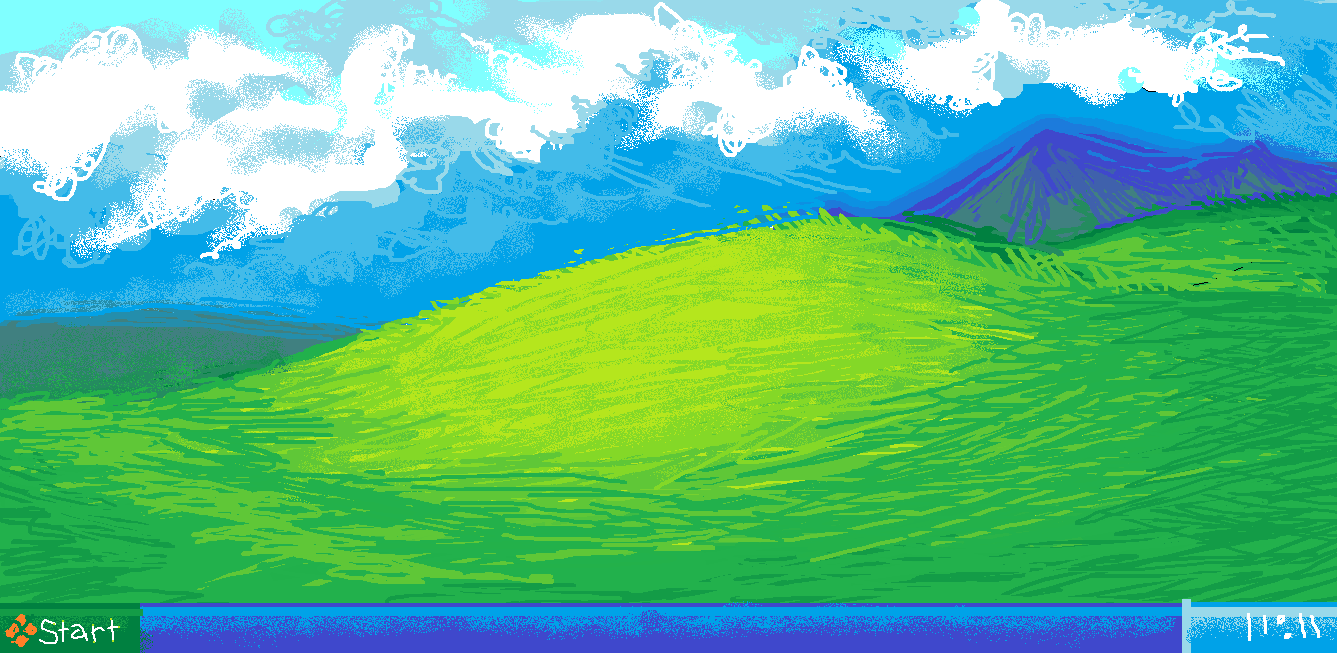 bliss_(image) blue_sky cbts004 cloud commentary derivative_work desktop_(computing) english_commentary grass hill microsoft_paint_(medium) microsoft_windows no_humans outdoors photo-referenced scenery sky taskbar windows_xp