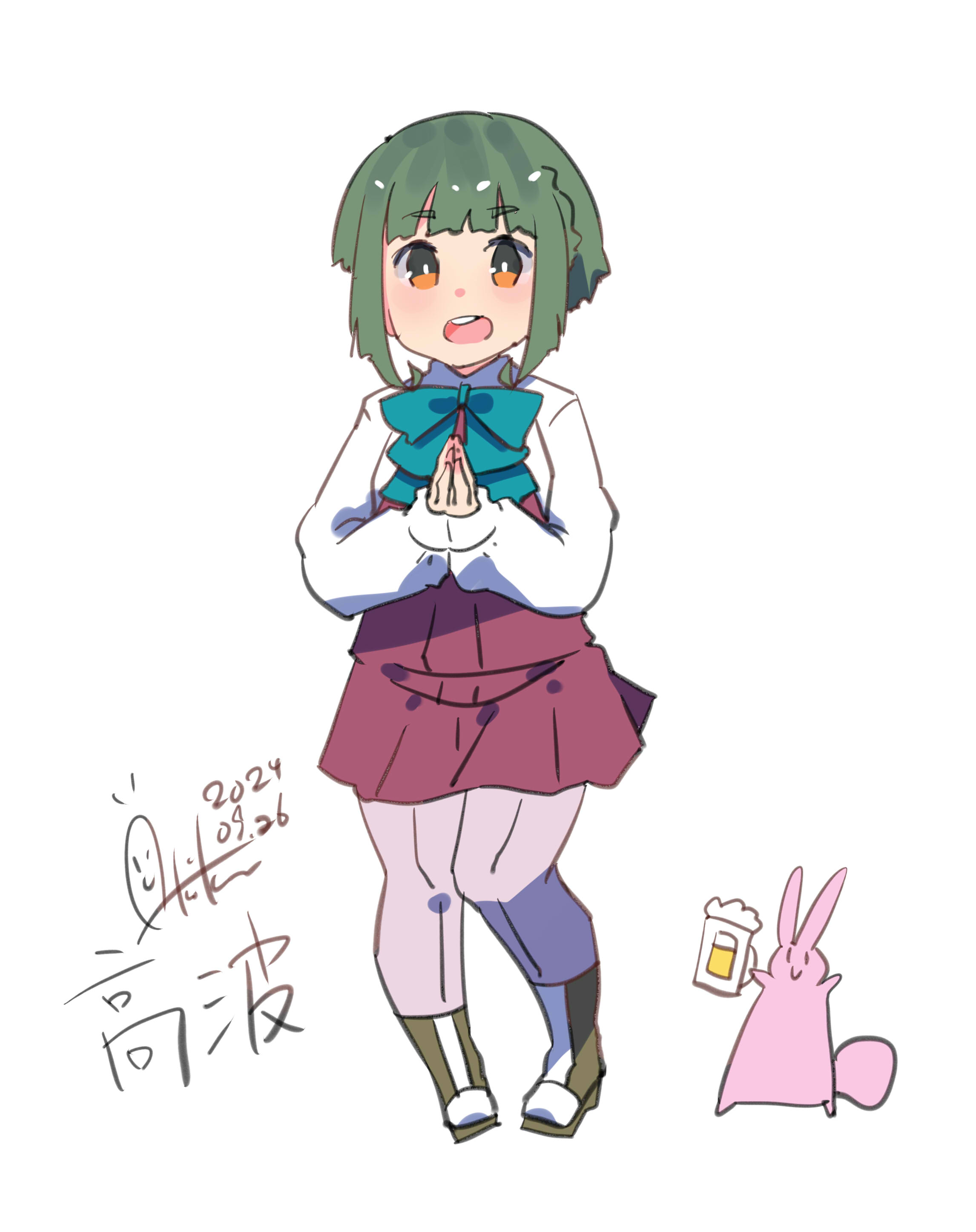 1girl absurdres alcohol aqua_bow aqua_bowtie beer beer_mug blush bob_cut bow bowtie braid character_name cup dated dress dress_shirt green_hair halter_dress halterneck highres inica kantai_collection long_sleeves mug one-hour_drawing_challenge open_mouth orange_eyes pleated_dress purple_dress purple_thighhighs rabbit school_uniform shirt short_hair sidelocks signature takanami_(kancolle) thighhighs white_background white_shirt