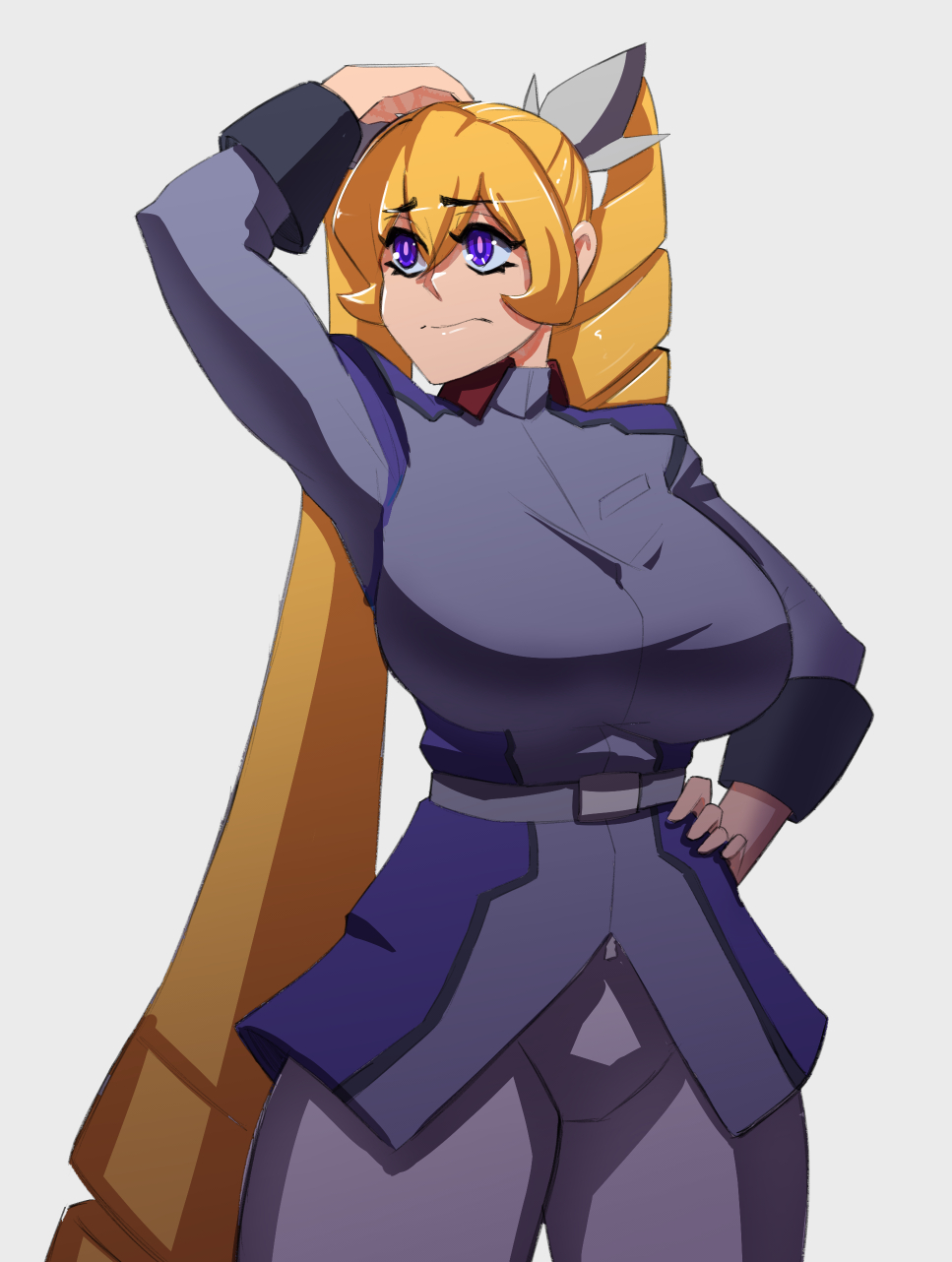 1girl belt blonde_hair blue_jacket breasts commentary cosmikaizer cosplay drill_hair english_commentary frown grey_background grey_belt grey_pants grey_ribbon gundam gundam_seed hair_behind_ear hair_between_eyes hair_ribbon hand_on_own_head hand_on_own_hip highres jacket kira_yamato kira_yamato_(cosplay) lana_branford_(cosmikaizer) large_breasts looking_to_the_side original pants purple_eyes ribbon simple_background solo twin_drills twintails uneven_twintails