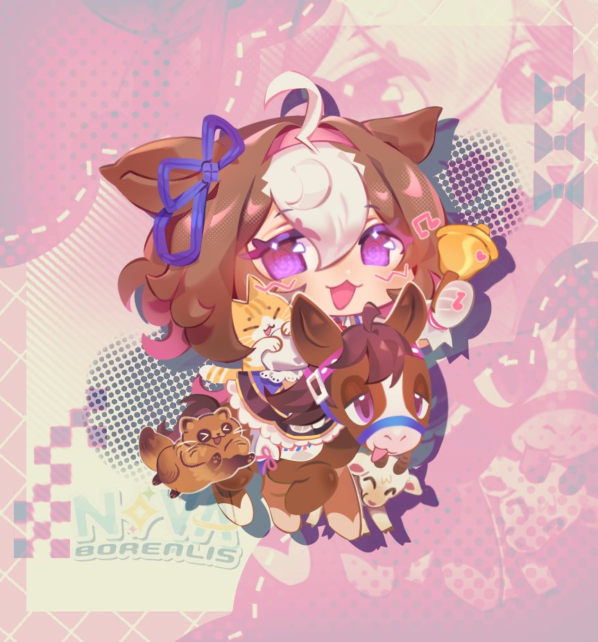 &gt;_&lt; 1girl ahoge animal_ears bell blue_dress blush bow breasts brown_hair cat chibi closed_eyes closed_mouth creature_and_personification double-parted_bangs dress ear_ribbon gloves goat hair_between_eyes hairband headband holding holding_bell horns horse horse_ears horse_girl horse_tail horseback_riding looking_at_viewer medium_hair meisho_doto_(turbulent_blue)_(umamusume) meisho_doto_(racehorse) meisho_doto_(umamusume) meto_(cat) multicolored_hair musical_note nova_borealis open_mouth personification pink_hairband pink_headband purple_eyes riding shirt short_hair short_sleeves smile tail tanuki tongue tongue_out two-tone_hair umamusume whiskers white_dress white_gloves white_hair