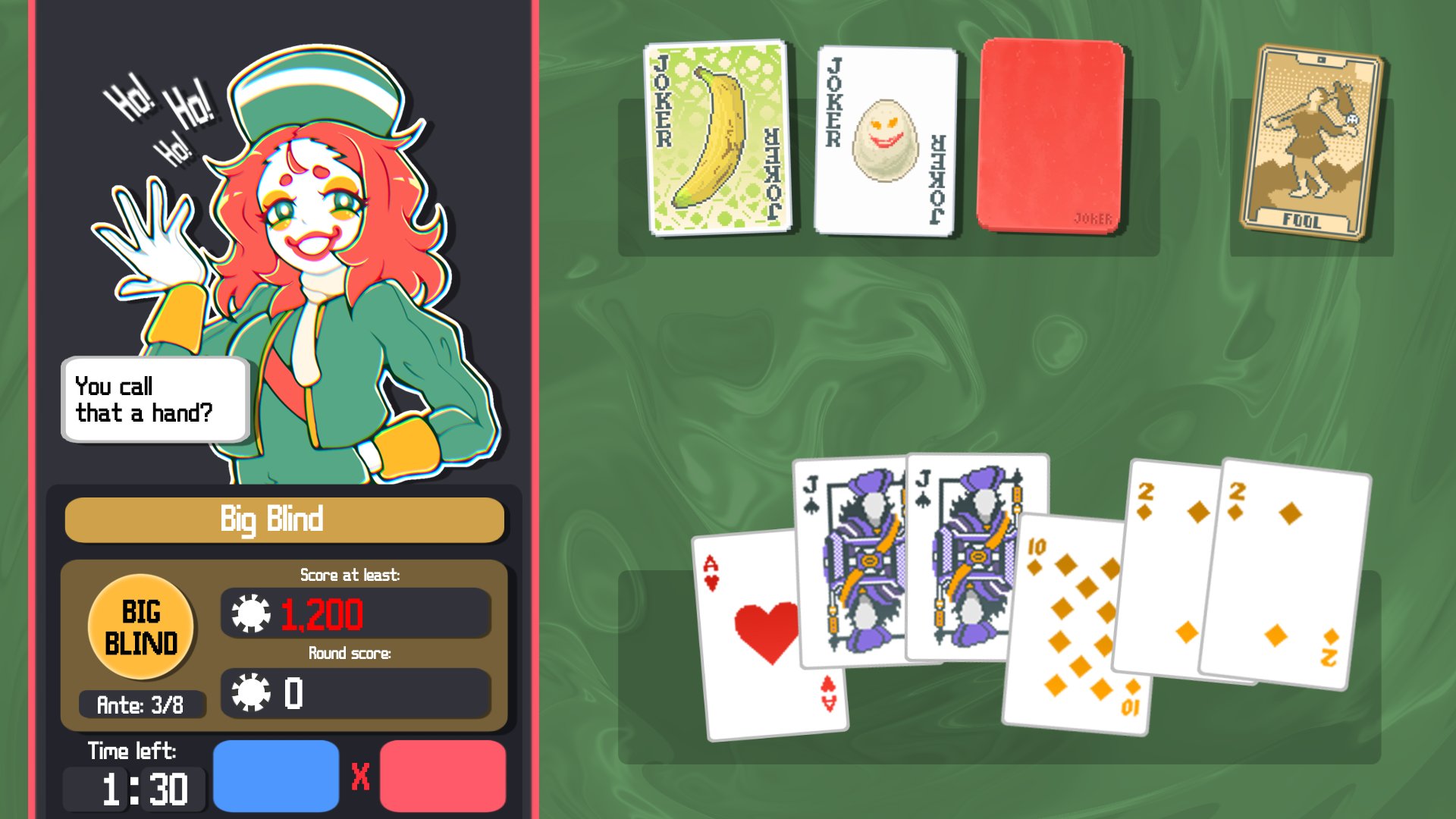 1boy ace_(playing_card) ace_of_hearts balatro bright_pupils card clown colored_skin commentary cropped_jacket english_commentary facepaint fake_screenshot gameplay_mechanics gloves green_eyes green_jacket grin hand_on_own_hip hat heart highres hosses jack_(playing_card) jack_of_spades jacket jester long_sleeves medium_hair parted_bangs perkeo_(balatro) playing_card red_hair smile solo tarot ten_of_diamonds the_fool_(tarot) thick_eyebrows two_of_diamonds upper_body white_gloves white_pupils white_skin