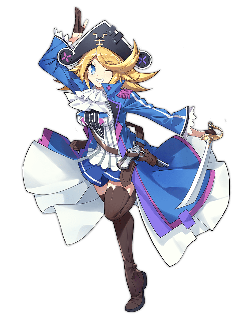 1girl ark_order ascot belt blonde_hair blue_coat blue_eyes blue_skirt boots breasts brown_belt brown_boots brown_gloves coat epaulettes frilled_sleeves frills full_body gloves gold grin gun half_gloves handgun hat hat_feather holding holding_sword holding_weapon holster jason_(ark_order) kzhu large_breasts long_sleeves looking_at_viewer medium_hair official_art one_eye_closed open_mouth partially_fingerless_gloves pirate_hat shirt sidelocks skirt smile solo standing standing_on_one_leg sword tachi-e thigh_boots thighhighs transparent_background variant_set weapon white_ascot white_shirt wing_collar