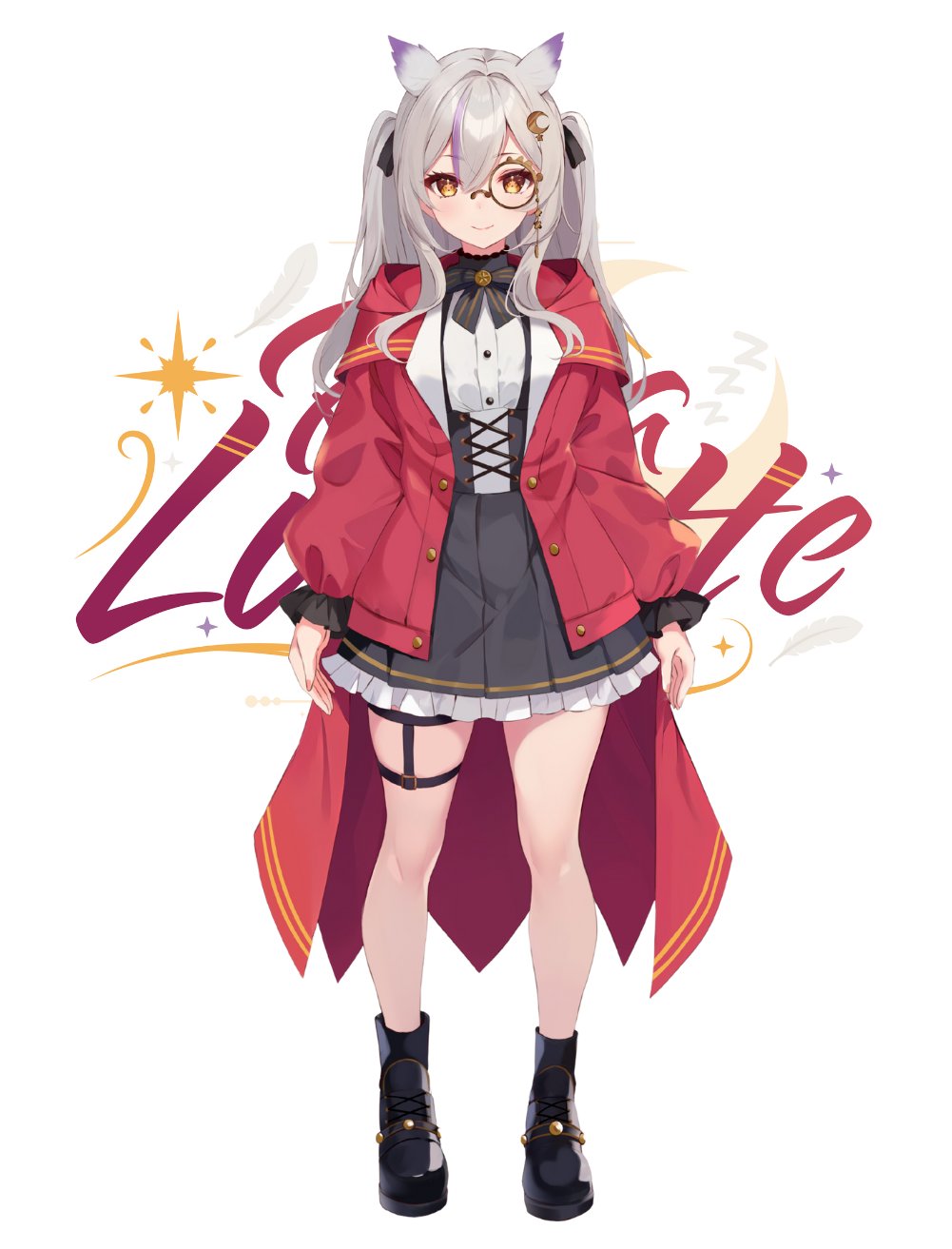 1girl black_footwear black_skirt blush closed_mouth commentary crescent crescent_hair_ornament english_commentary grey_hair hair_ornament highres jacket kujou_ichiso monocle multicolored_hair official_art open_clothes open_jacket owl_ears pleated_skirt purple_hair red_jacket rina_lunette second-party_source shirt sidelocks skirt smile solo star_(symbol) star_in_eye stellarversepro streaked_hair suspender_skirt suspenders symbol_in_eye virtual_youtuber white_background white_shirt yellow_eyes