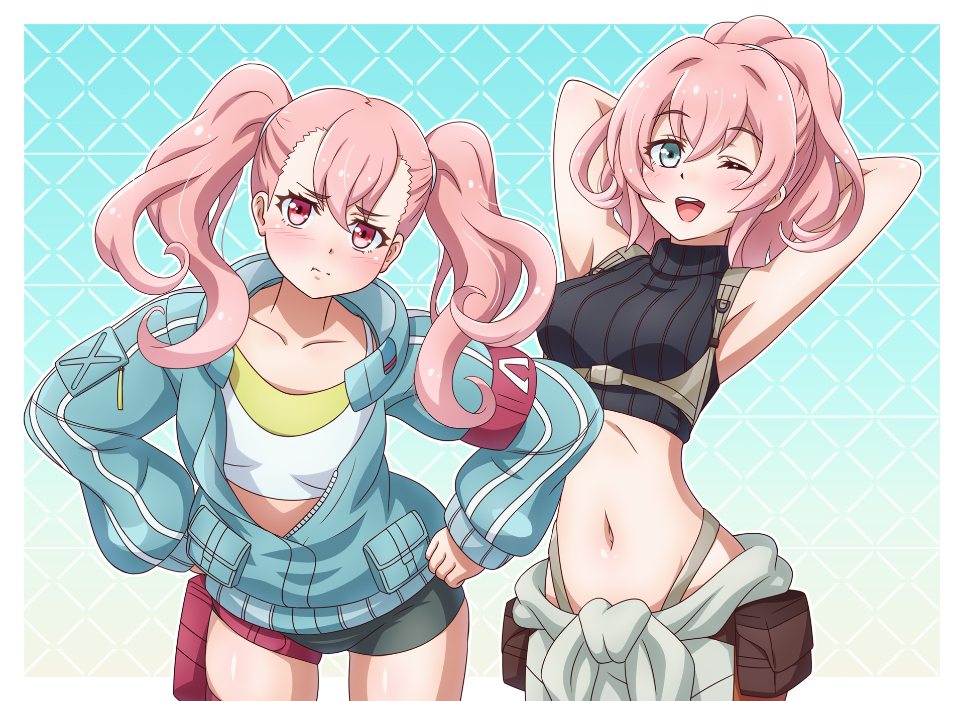 2girls :i armband armpits arms_behind_head belt bike_shorts center-flap_bangs chest_harness clothes_around_waist crop_top cropped_legs double-parted_bangs ellie_(synduality) green_eyes hair_ribbon hands_on_own_hips harness head_tilt high_ponytail highres jacket maria_(synduality) midriff multiple_girls navel one_eye_closed open_clothes open_jacket pink_hair ponytail pouch red_armband ribbon shirt shirt_around_waist sleeveless sleeveless_turtleneck standing synduality synduality_noir tank_top thigh_pouch turtleneck twintails yosuzu
