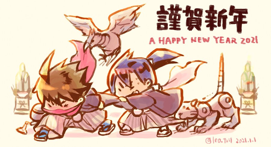 ahoge blue_hair brown_hair chibi chibi_only closed_eyes dated hair_between_eyes hakama happy_new_year japanese_clothes kadomatsu leo_tail long_hair male_focus mask mouth_mask new_year non-humanoid_robot ponytail pulling red_mask red_scarf robot robot_animal scarf short_hair strider_(video_game) strider_hien strider_hiryuu tetrapodal_mecha_panther twitter_username