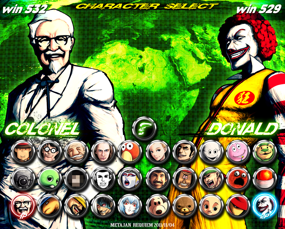 1970s_(style) 3girls 6+boys ayanami_rei barbapapa black_jack black_jack_(character) black_jack_(series) blue_hair bob_ross capcom cardboard_box_gundam character_name character_request character_select clown colonel_sanders connie_(ponkickies) crossover demon_kogure disney douda_akaruku_nattarou duke_tougou epic fake_screenshot fighting_game gachapin glico gorori grin gundam guri_(guri_to_gura) guri_to_gura hershel_layton hirake!_ponkikki jigoku_no_misawa_(style) k-suwabe karl_ojisan kewpie_doll kfc kyoro-chan level-5 map mcdonald&#039;s meme michelin michelin_man mickey_mouse moomin movie_thief mukku multiple_boys multiple_girls narikin narikin_eiga_jidai neon_genesis_evangelion neta no_more_eiga_dorobou object_head oldschool open_mouth parody patlite professor_layton real_life red_eyes red_hair retro_artstyle rilakkuma ronald_mcdonald rotating_light san-x sanrio short_hair smile street_fighter street_fighter_iv_(series) style_parody wally_(where&#039;s_wally) where&#039;s_wally white_hair world_map