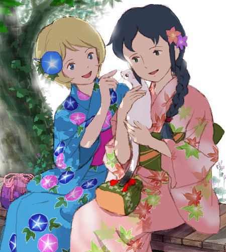 2girls angeletta_(romeo_no_aoi_sora) bianca_martini black_hair blonde_hair braid ferret floral_print floral_print_kimono flower hair_flower hair_ornament japanese_clothes kimono kinchaku leaf_print long_hair lowres morning_glory morning_glory_print multiple_girls piccolo_(romeo_no_aoi_sora) plant pouch print_kimono romeo_no_aoi_sora sakai_yume sitting tree vines yukata
