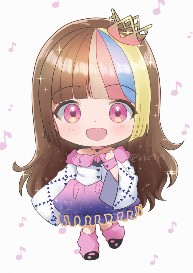 1girl :d black_footwear blonde_hair blue_hair blunt_bangs brown_hair chibi clenched_hand commentary crown galaco galaco_(white) jewelry kikuchi_mataha leg_warmers long_hair long_sleeves looking_at_viewer mini_crown multicolored_hair musical_note necklace open_mouth pink_eyes pink_leg_warmers pink_streaks sleeves_past_wrists smile solo streaked_hair symbol-only_commentary twitter_username vocaloid wide_sleeves wrist_cuffs