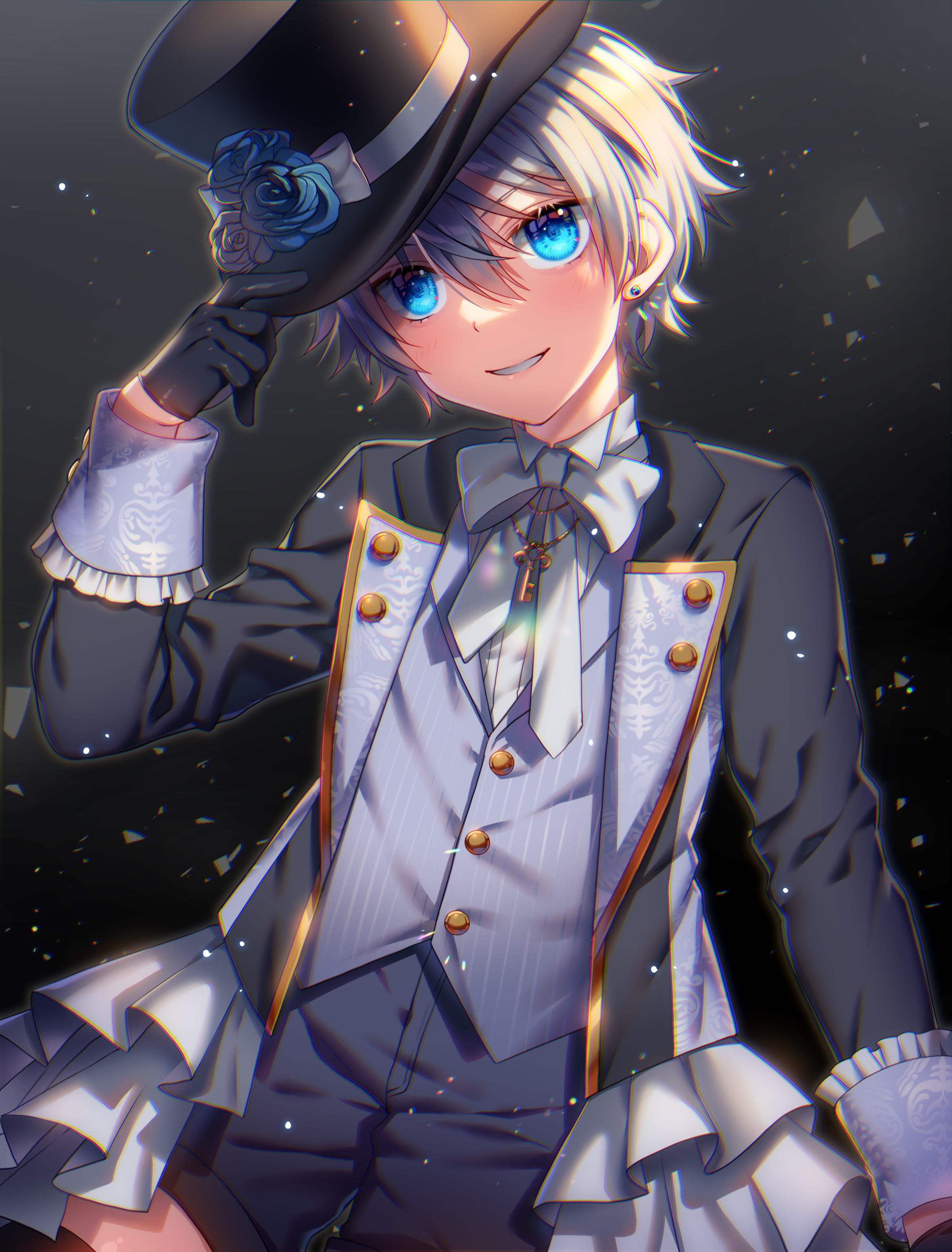 1boy absurdres aqua_eyes black_background blue_eyes bow buttons commission dark_background drill_hair earrings formal_clothes ginjiro_(ginziro525) gloves hair_between_eyes hat hat_bow highres jewelry long_sleeves looking_at_viewer male_focus original silver_hair simple_background single_earring skeb_commission smile suit teeth tilted_headwear top_hat twin_drills upper_body