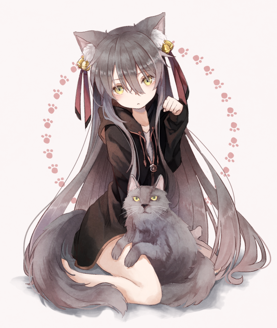 1girl absurdly_long_hair animal_ears barefoot bell bell_earrings black_jacket cat cat_ears cat_tail collarbone earrings grey_background grey_hair grey_shirt hair_between_eyes hood hooded_jacket jacket jewelry kneehighs long_hair looking_at_viewer original oro_ponzu partially_unzipped paw_pose shirt simple_background socks tail very_long_hair yellow_eyes