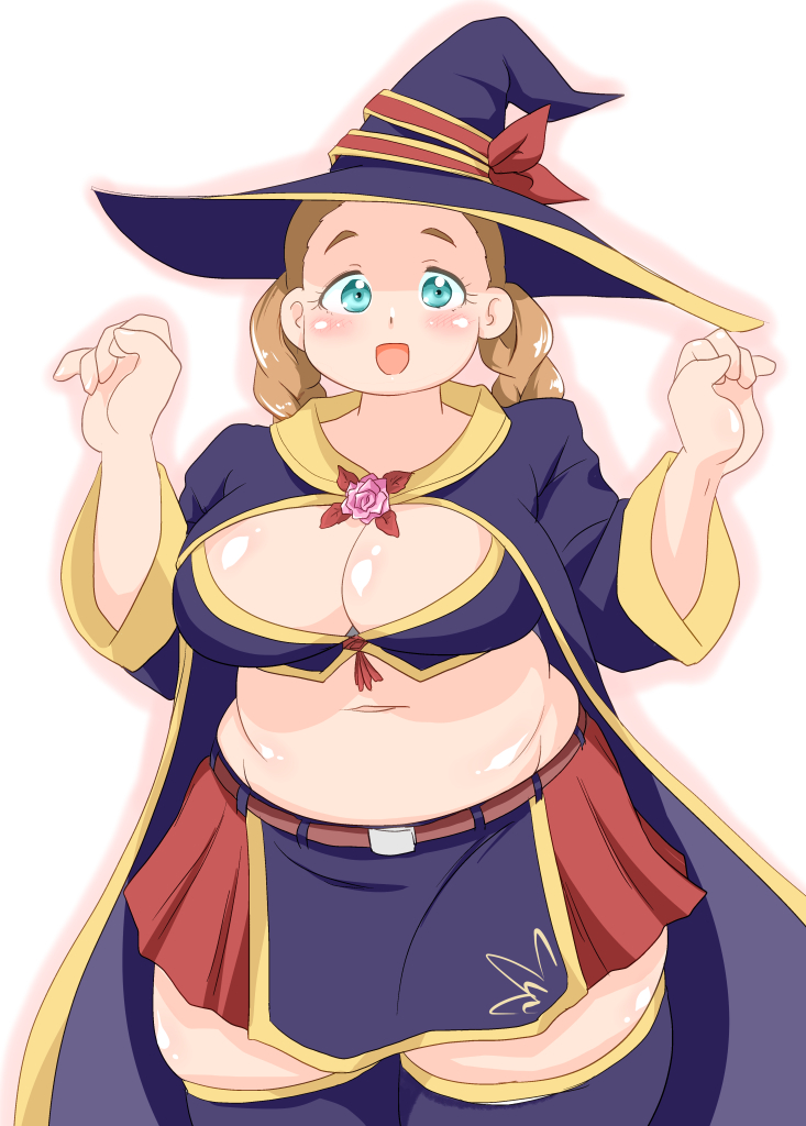 13988 1girl aqua_eyes belt blue_cloak blue_eyes blue_hat blue_thighhighs blush braid breasts brown_hair cleavage cloak cosplay crop_top flower gundam gundam_suisei_no_majo hat hat_ribbon yihdra_arvoln large_breasts lilique_kadoka_lipati navel open_mouth plump ribbon rose sentai_red_ga_isekai_de_boukensha_ni_naru skirt solo standing thick_thighs thighhighs thighs twin_braids white_background witch_hat