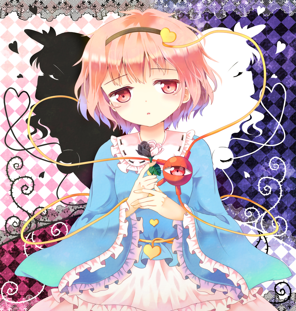 2girls argyle_background argyle_clothes black_flower black_rose blush female_focus flower grid_background hairband hat hazakura_satsuki heart komeiji_koishi komeiji_satori long_sleeves looking_at_viewer multicolored_flower multicolored_rose multiple_girls pink_eyes pink_flower pink_hair pink_rose plant rose shirt siblings silhouette sisters skirt third_eye touhou vines white_flower white_rose wide_sleeves