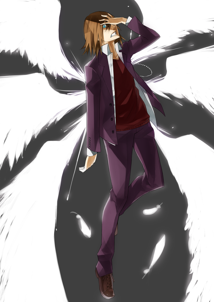 1boy angel_wings blonde_hair blue_eyes energy energy_wings falling_feathers fantasy feathered_wings feathers full_body gajuumaru glowing glowing_eye glowing_feather glowing_wings grey_background hand_up kakine_teitoku oversized_wings male_focus multiple_wings psychic science_fiction simple_background solo spread_wings sweater toaru_majutsu_no_index toaru_majutsu_no_index:_old_testament toaru_majutsu_no_index_gaiden:_toaru_kagaku_no_dark_matter white_feathers wings