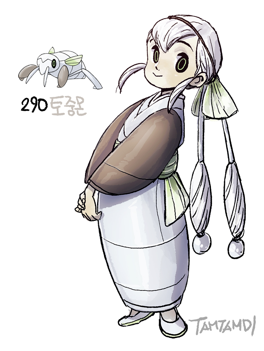 1girl black_eyes closed_mouth commentary full_body gen_3_pokemon hair_between_eyes japanese_clothes kimono long_hair long_sleeves looking_at_viewer nincada nintendo personification pokemon sidelocks signature simple_background smile tamtamdi translated white_background white_footwear white_hair white_kimono
