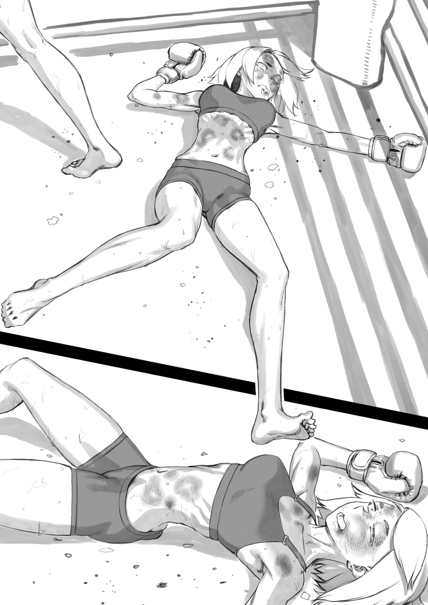 2girls barefoot boxing butt_crack commission defeat femdom highres multiple_girls original pixiv_commission rggr ryona soles tagme