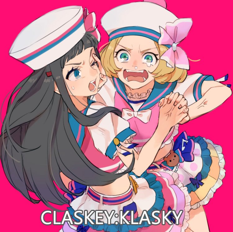 2girls angry arguing black_hair blonde_hair bow classicaloid eyelashes frilled_skirt frills green_eyes hand_on_another&#039;s_face hat linaria_(ookinahitomi) long_hair midriff multiple_girls one_eye_closed pink_background pink_bow pyotr_illyich_tchaikovsky_(classicaloid) sailor_collar shirt short_hair short_sleeves shoving simple_background skirt tears tekla_badarzewska-baranowska_(classicaloid) veins veiny_arms white_hat white_shirt