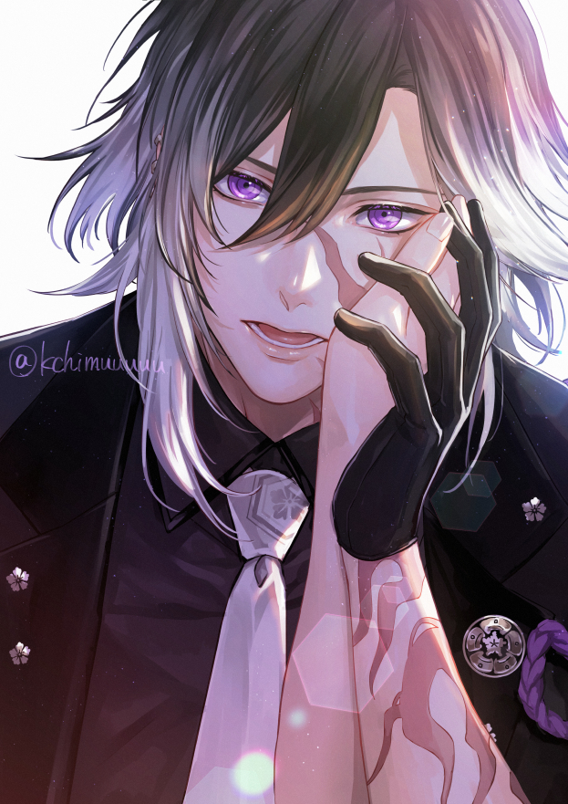1boy artist_name asymmetrical_hair black_coat black_gloves black_hair black_shirt burn_scar coat collared_shirt commentary ear_piercing earrings facial_scar gloves gradient_hair hair_between_eyes hand_on_another&#039;s_cheek hand_on_another&#039;s_face hand_on_another&#039;s_hand jewelry jikkyuu_mitsutada kikkoumon lens_flare looking_at_viewer male_focus medium_hair multicolored_hair necktie open_clothes open_coat open_mouth piercing pov pov_hands purple_eyes scar scar_on_arm scar_on_cheek scar_on_face scar_on_neck shirt signature simple_background solo_focus touken_ranbu twitter_username two-tone_hair upper_body watermark white_background white_hair white_necktie wing_collar yuta_(kchimuuuuu)