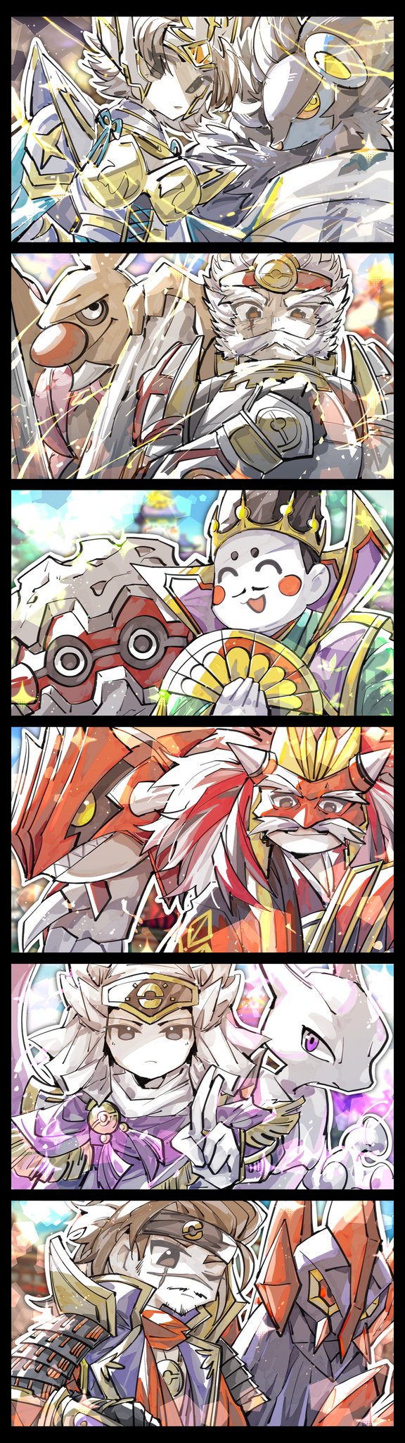 armor black_eyes brown_eyes brown_hair closed_eyes conkeldurr fortress gen_1_pokemon gen_3_pokemon gen_4_pokemon gen_5_pokemon gigalith groudon highres hojo_ujiyasu imagawa_yoshimoto japanese_clothes legendary_pokemon luxray mewtwo nintendo panels pokemon pokemon_conquest sengoku_musou shimazu_yoshihiro tachibana_ginchiyo takeda_shingen uesugi_kenshin