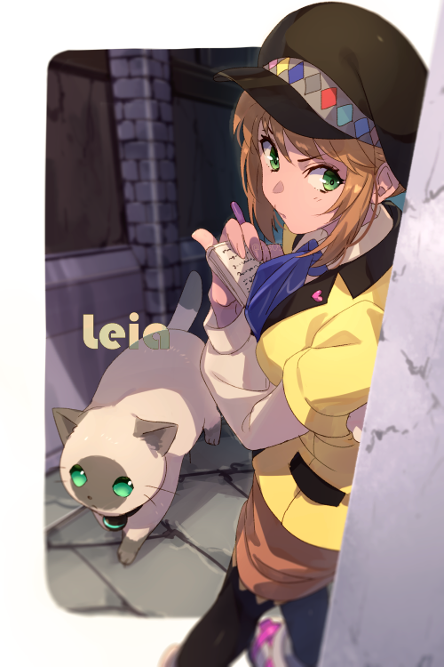 1girl black_headwear black_pantyhose brown_hair brown_skirt cat closed_mouth echo_(circa) green_eyes hat leia_rolando pantyhose short_hair skirt standing tales_of_(series) tales_of_xillia tales_of_xillia_2
