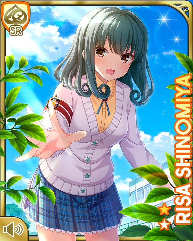 1girl armband blue_skirt bow brown_eyes card_(medium) cardigan character_name day girlfriend_(kari) green_hair official_art open_mouth orange_shirt outdoors panic plaid_clothes plaid_skirt qp:flapper red_bow school school_uniform shinomiya_risa shirt skirt tagme white_cardigan
