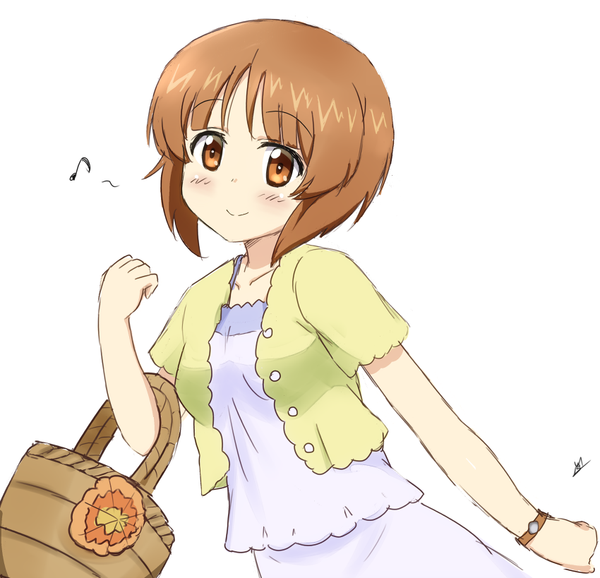 1girl alternate_costume blush breasts brown_eyes brown_hair dress girls_und_panzer holding_picnic_basket jacket ma-2_(konkon_kitakitsune) musical_note nishizumi_miho official_alternate_costume picnic_basket short_hair skirt spaghetti_strap sundress watch white_dress white_skirt wristwatch yellow_jacket
