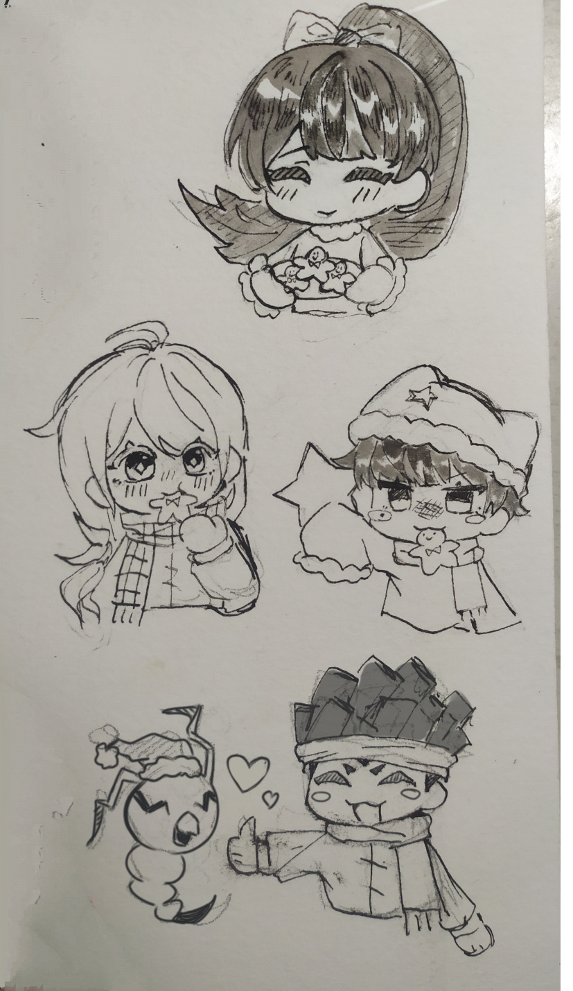 christmas christmas_ornaments digimon digimon_(creature) digimon_survive happy hat heart kimishima_saki kunemon shibuya_aoi shinonome_miu smile tominaga_ryo
