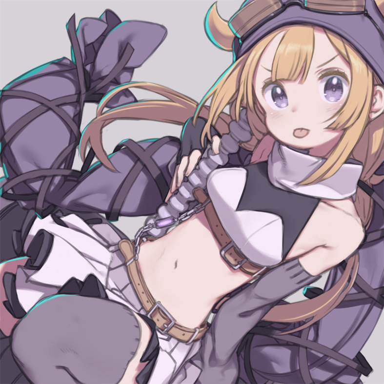 1girl bare_shoulders blonde_hair blunt_bangs commentary_request cowboy_shot dutch_angle goggles goggles_on_headwear grey_background holding holding_weapon hood hood_up horned_hood horns kuroboshi_kouhaku long_hair long_sleeves looking_at_viewer low_twintails magia_record:_mahou_shoujo_madoka_magica_gaiden magical_girl mahou_shoujo_madoka_magica mitsuki_felicia navel purple_hood purple_skirt sidelocks sitting skirt solo thighhighs tongue tongue_out twintails weapon